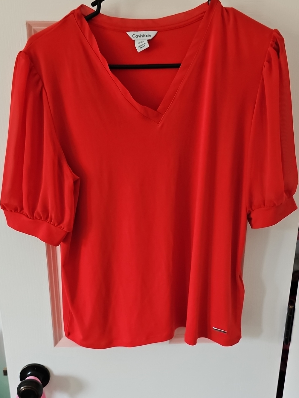 Calvin Klein Bright Red V-Neck Puff Sleeve Blouse